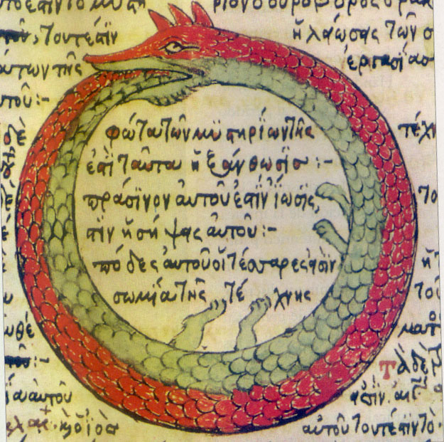 An ouroboros, a serpent devouring its own tail, drawn in a 1478 alchemical manuscript